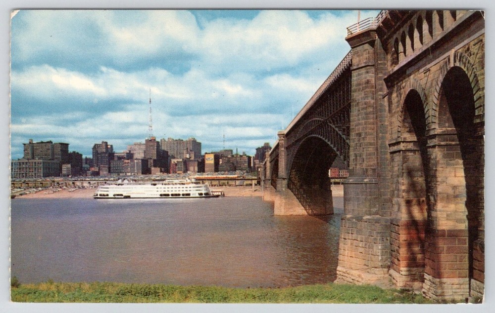 Eads Bridge St. Louis MO S.S. Admiral Mississippi River Plastichrome Postcard