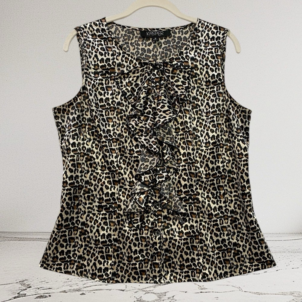 Kasper Satin Animal Print Ruffle Front Top Women’s Medium Holiday Party Career
