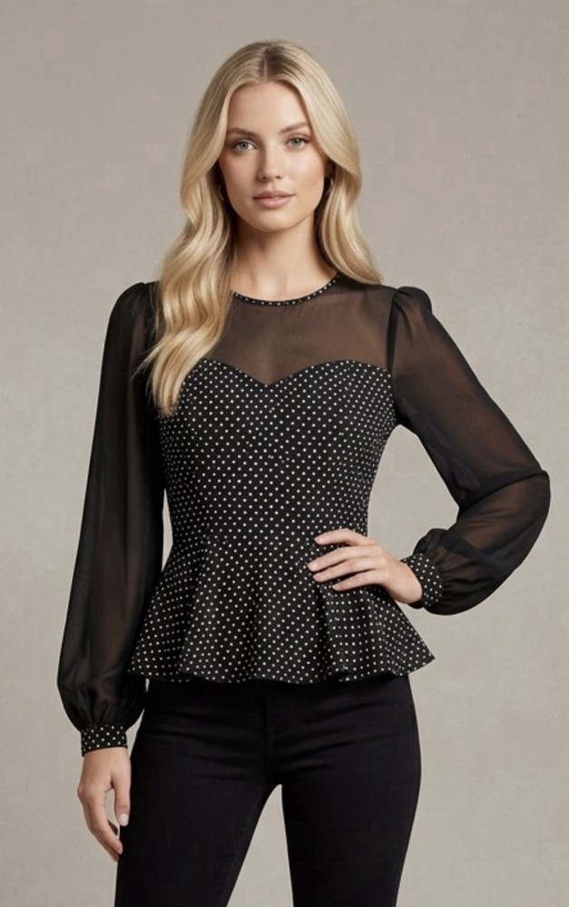 Womens Black Polka Dot Sheer Mesh Accent Peplum Top Size Small Summer Chic