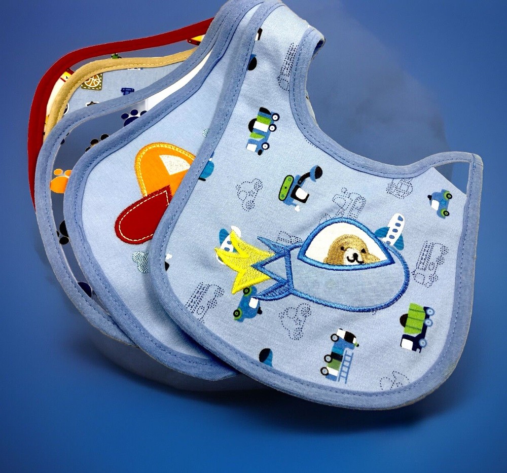Toddler Bibs Lot 5-pack Boys Sports Planes Trucks Spaceship Puppies Thick Cotton