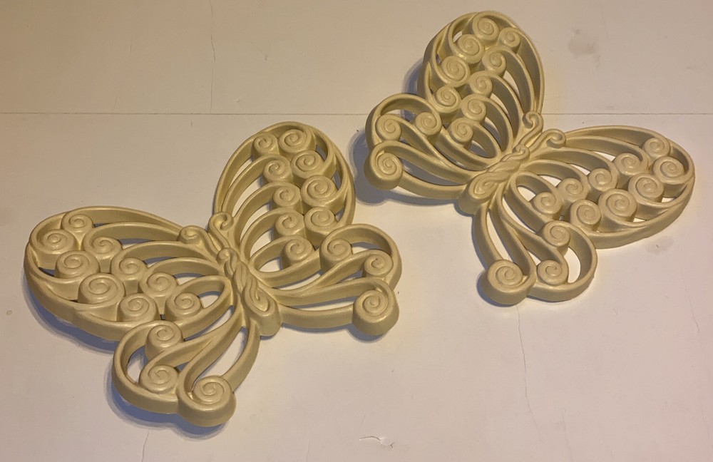 2 Vintage Burwood Butterflies Boho Retro Home Decor Ivory Off White