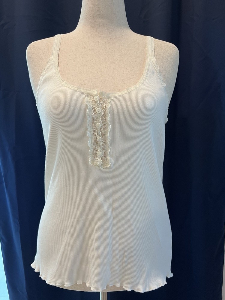 SUNDANCE XL Tank White Ribbed Knit Ruffle Lace Button Boho Cottage Coquette