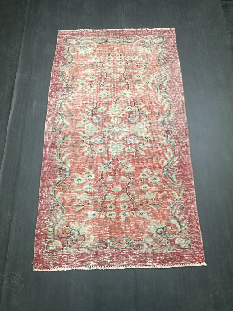 Red Antique Handmade Accent Rug, 3.8x6.7ft, Vintage Red Floral Oushak Carpet,