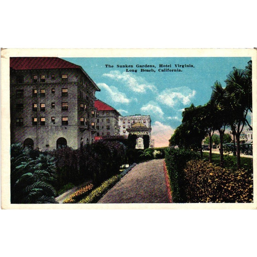Vintage Hotel Virginia Sunken Gardens Postcard Long Beach California Linen CA