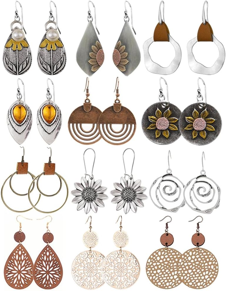 12 Pairs Boho Vintage Wooden Leather Geometric Round Earrings Ethnic Style