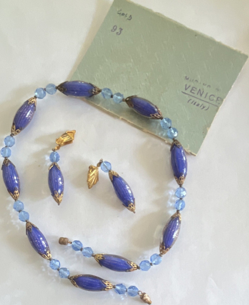 Murano Vintage Venetian Blue Glass Gold Necklace & Earrings Set Italy