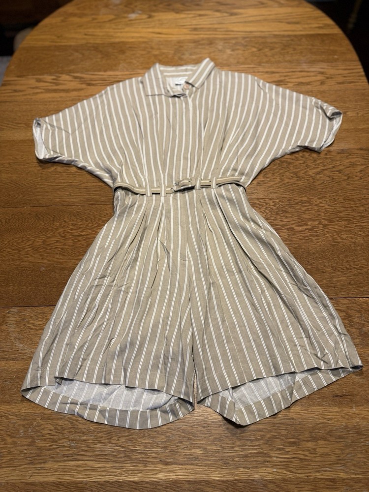 Vintage 80’s Belted Romper Size M Gold Rush Button Up Beige Stripes Rayon