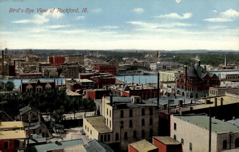 C1910 Rockford Illinois Bird's Eye View Skyline River Litho Antique Postcard