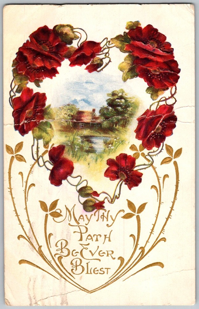 Antique Postcard Floral Heart Wreath 1910s
