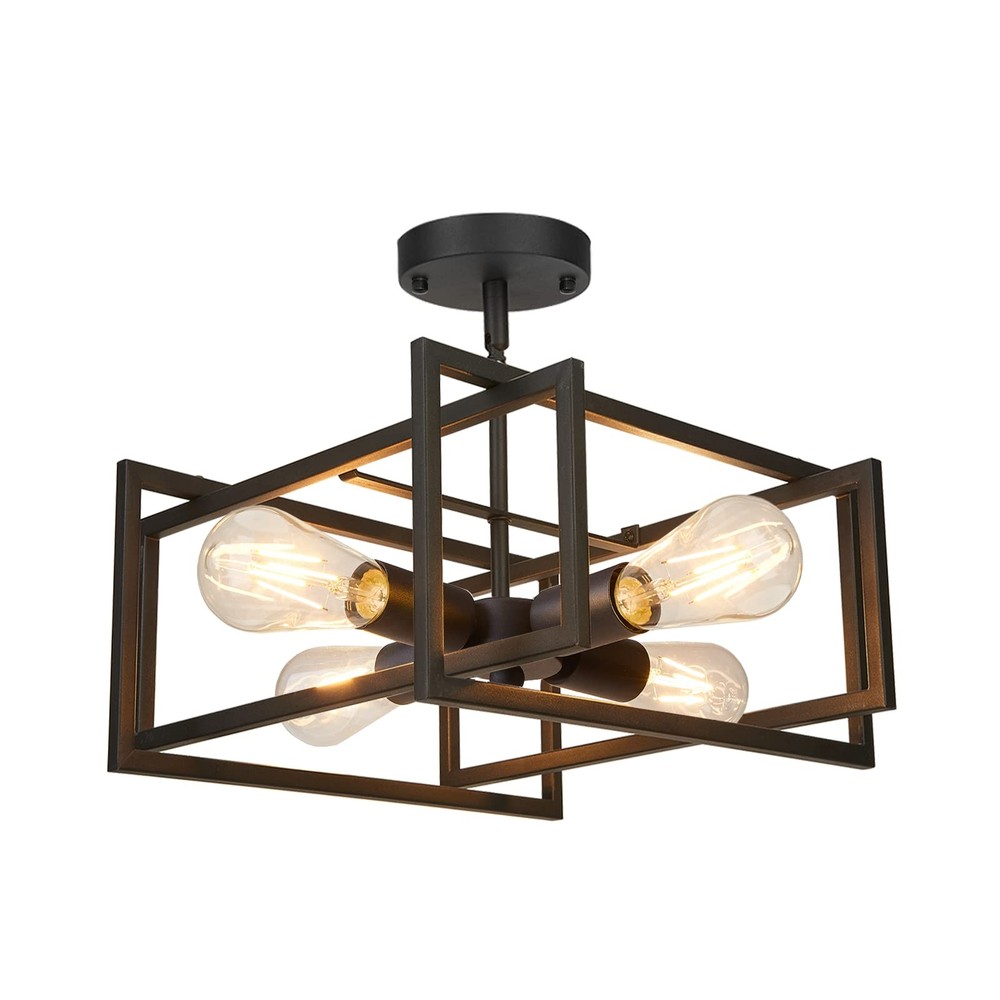 Farmhouse Industrial 4-Light Semi Flush Mount Ceiling Fixture in Metal Finish