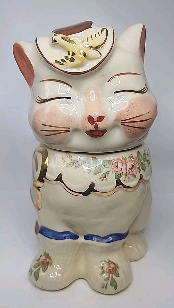 Vintage Shawnee Puss N Boots Cookie Jar W/Gold Trim & Roses RARE 10.5