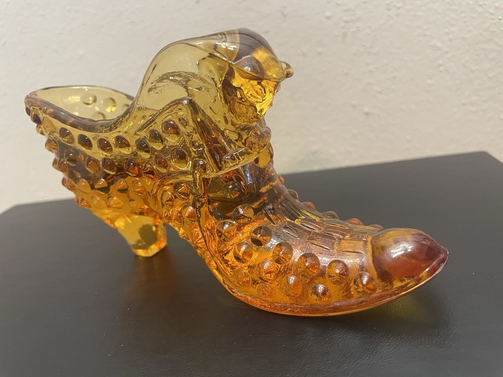 Vintage Fenton Art Glass Amber Hobnail Cat Head Slipper/ Shoe  #3995