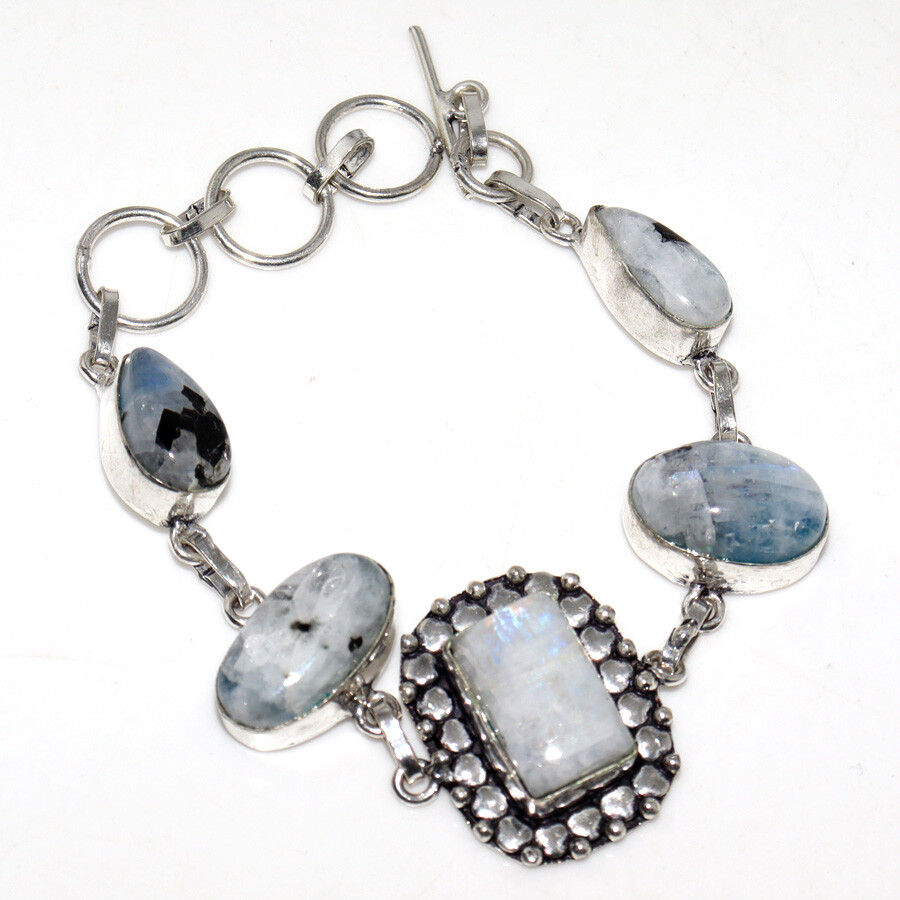 925 Silver Plated Rainbow Moonstone Ethnic Bracelet Jewelry Size 7.5
