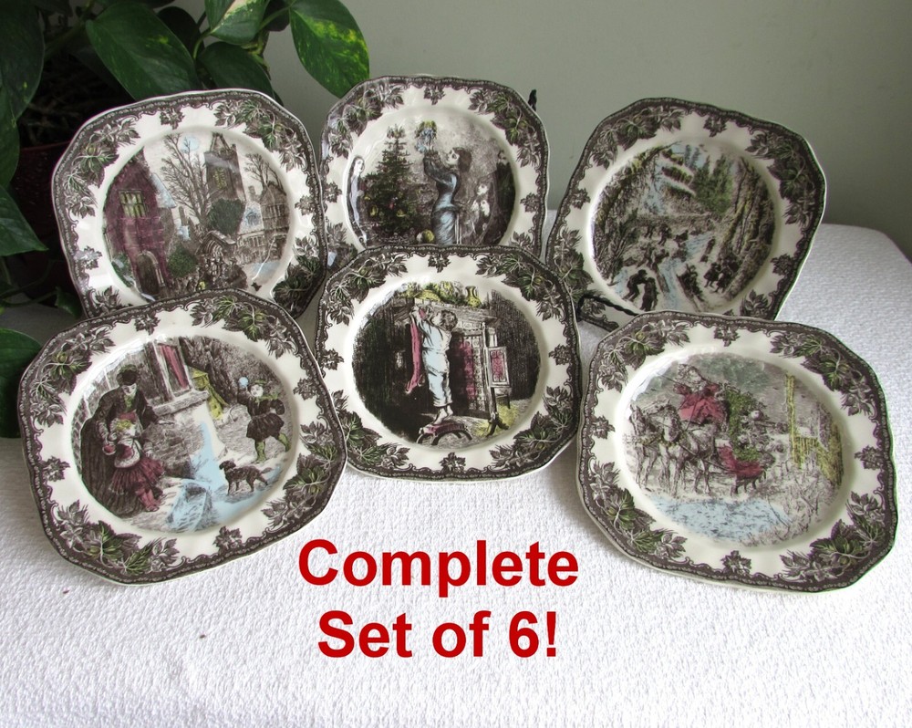 6 Johnson Bros Friendly Village Christmas Square Accent Plates~Complete Set~MINT-image