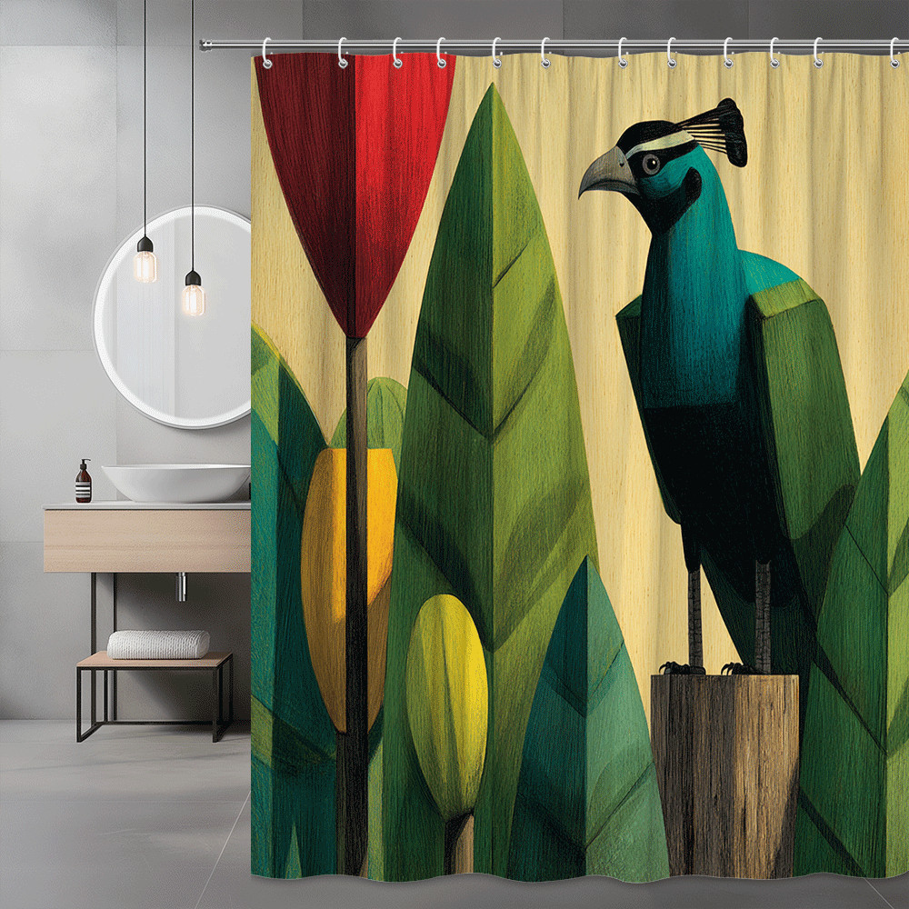 Tropical Bird and Leaf Print Shower Curtain