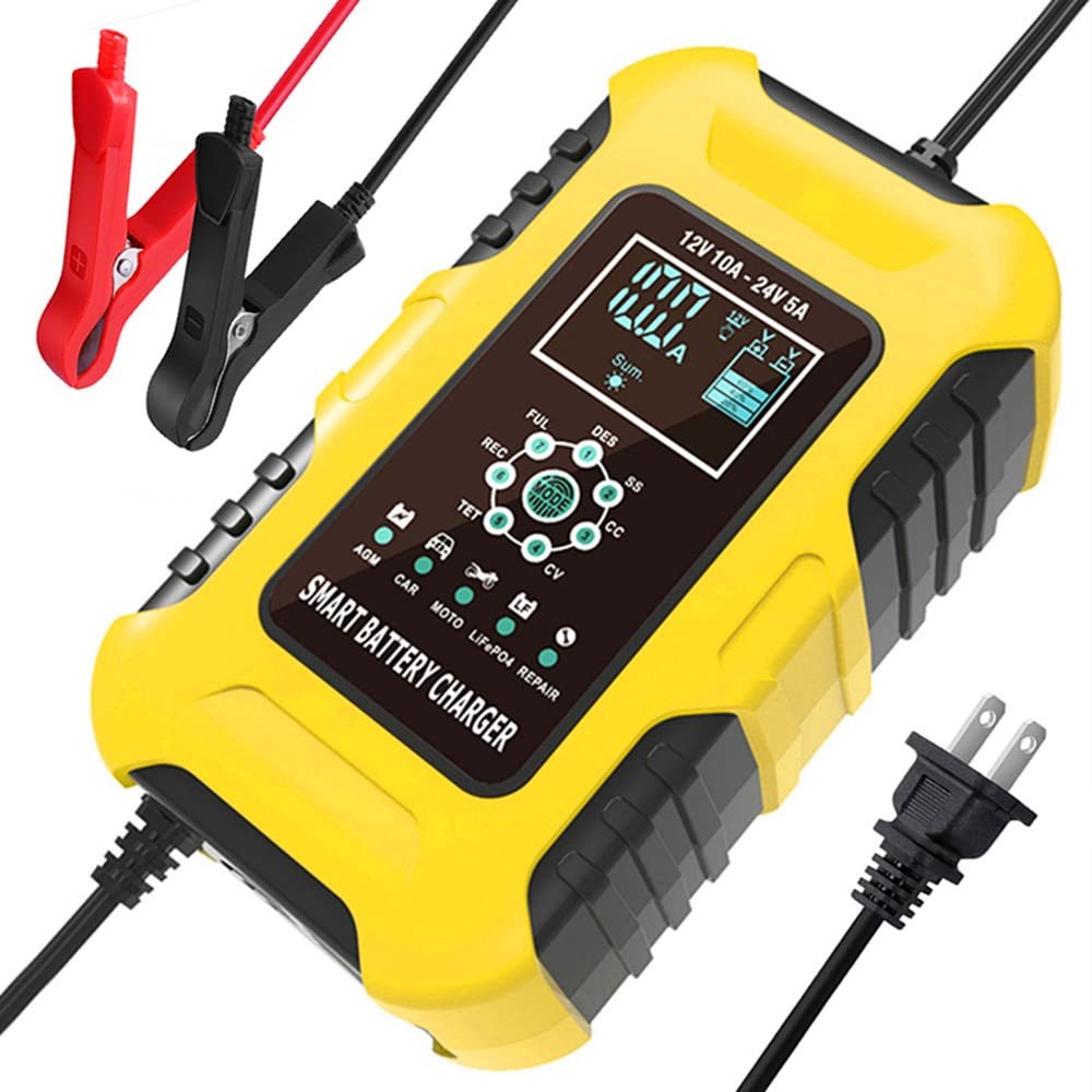Foxsur 12V/24V 10-Amp Car Battery Quick Charger for Wet/GEL/SLA/LiFePO4/Lead-...