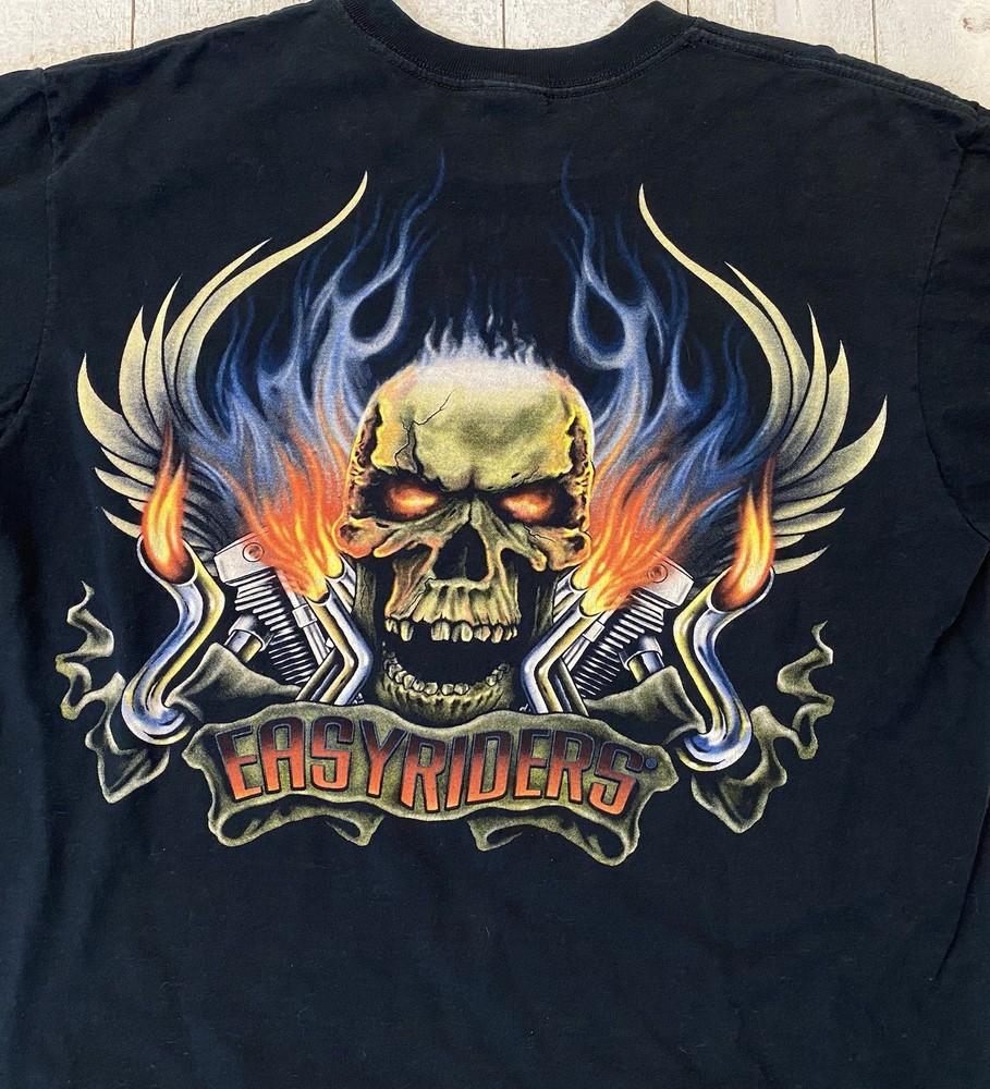 Vintage Y2K Easyriders Flaming Skull Black Biker T Shirt Tee Large Anvil 2 Sided