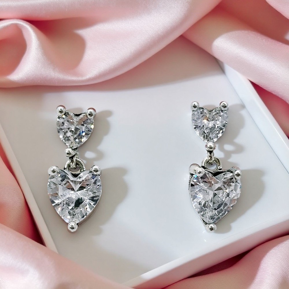 Silver Double Heart Stud Drop Earrings - Bright Elegant Jewelry
