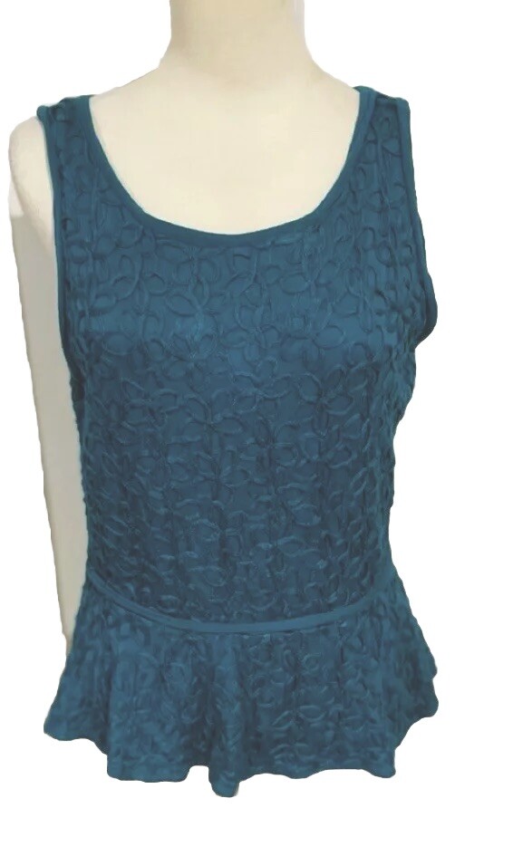 Max Studio MSSP Peplum Ruffle Top Textured Teal Blue Green Sleeveless Women’s L