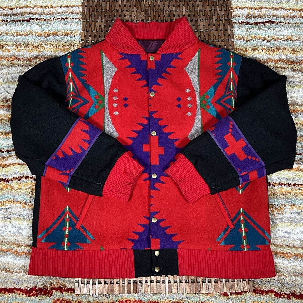 VTG Pendleton Gorge Red Aztec Wool Snap Front Jacket Men’s Size XL