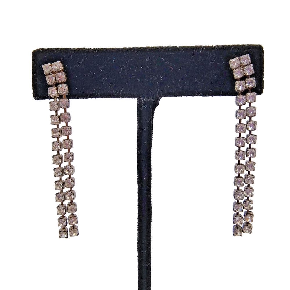 Vintage Hollywood Glam Waterfall Dangle Earrings Silver Tone Rhinestone Art Deco
