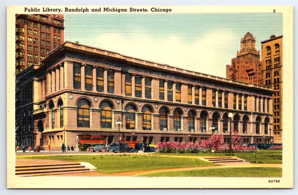 Vintage Postcard Chicago Illinois USA Public Library Buildings Cars People