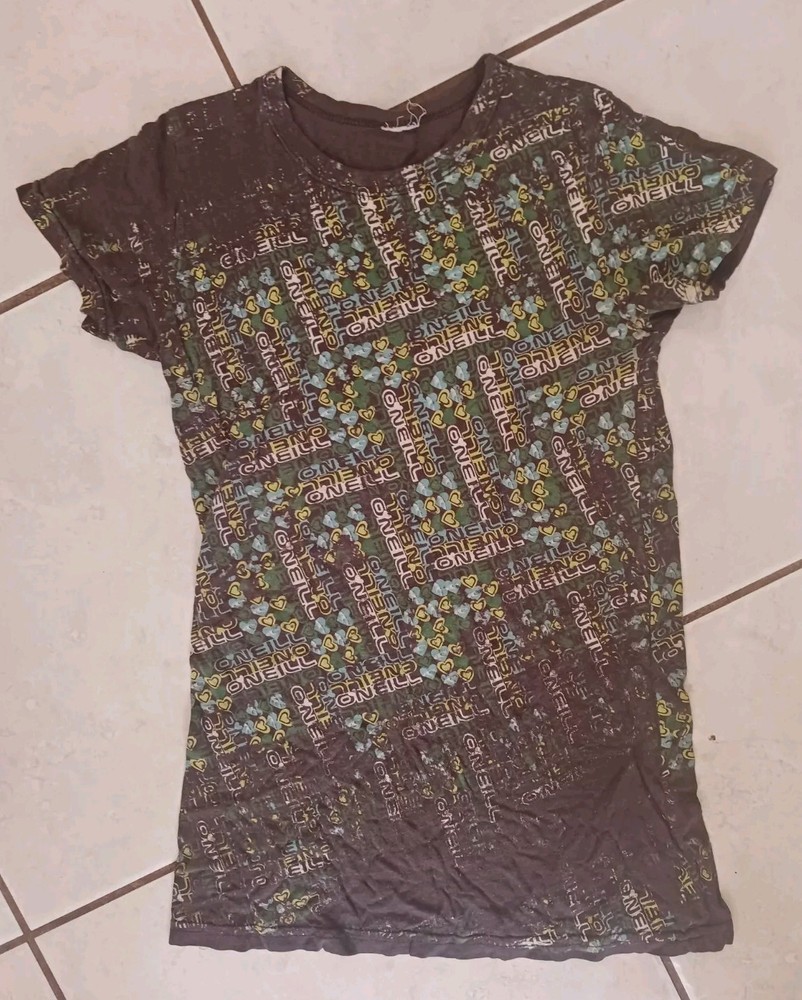 O'Neill Shirt Women’s Medium Brown Logo Graphic AOP Surf Y2K Grunge Fade Heart