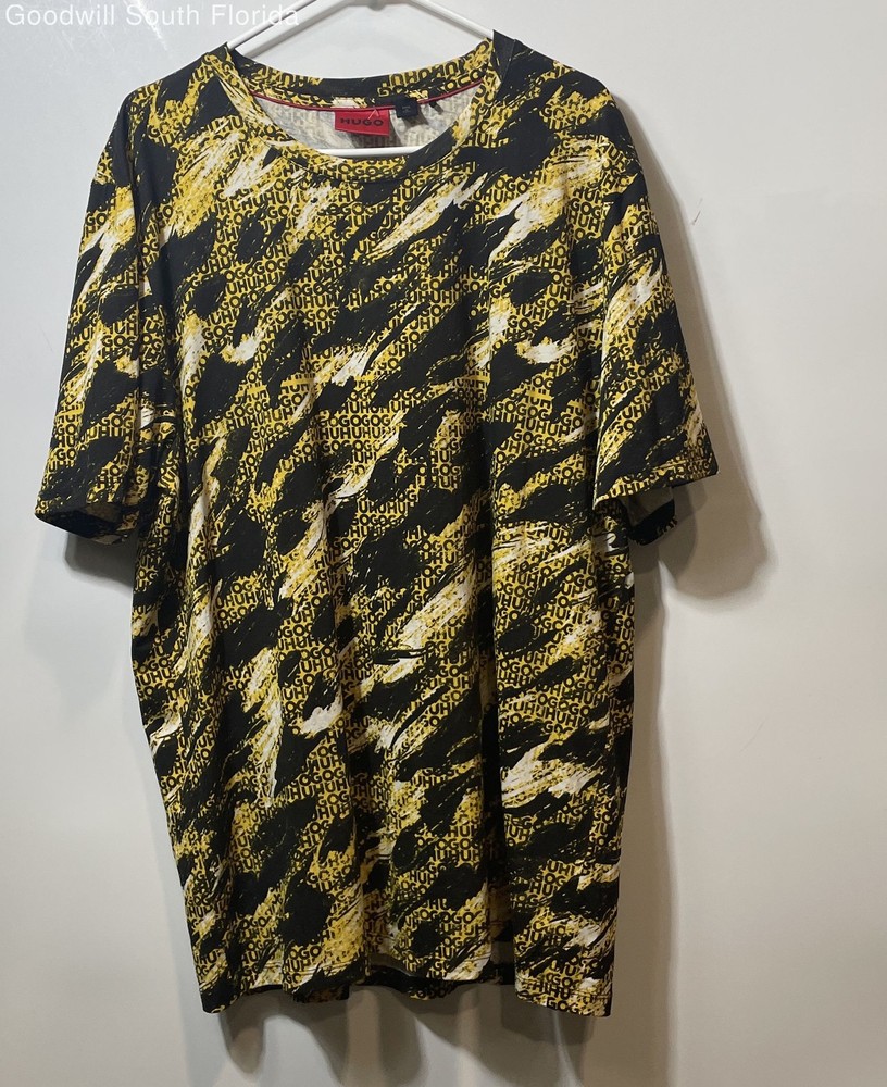 Hugo Boss Mens Black Yellow Printed Cotton Short Sleeve T-Shirt Size XXL
