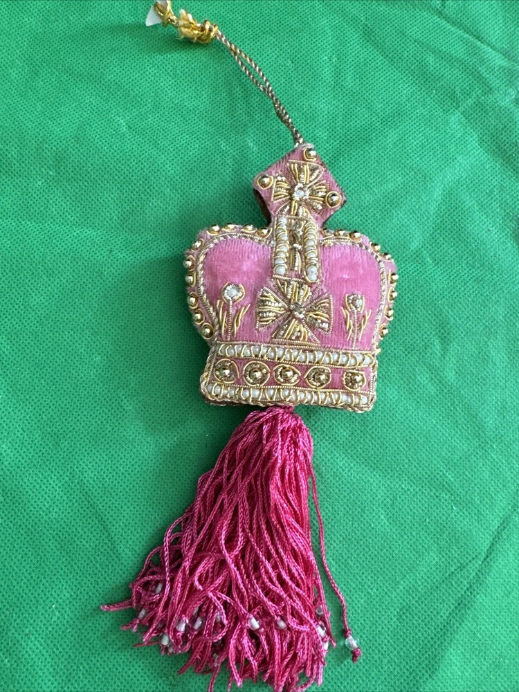 Gold Bullion Crown Christmas Ornament on Pink Satin 2.5x2.5 Vintage Decor