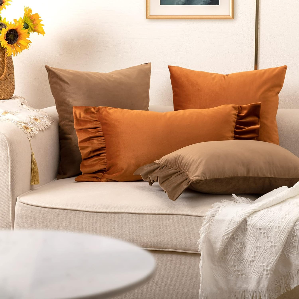 Brown Pillow Covers 18X18,Set of 4 Decorative Ruffle Lumbar Camel Pillow Case an