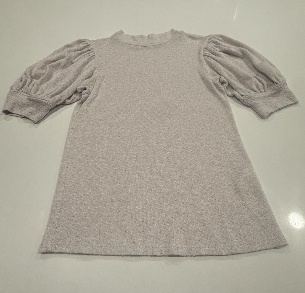 Free People Puff Sleeve Knit Top Medium Beige Soft Cozy High Neck Boho