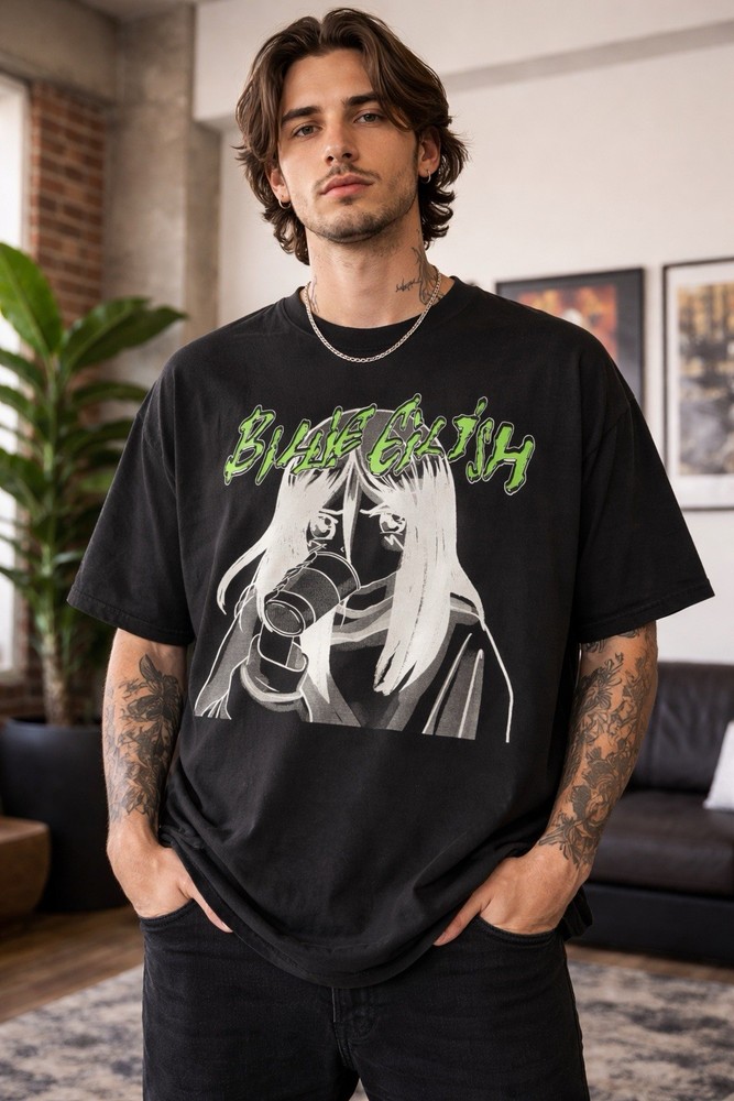 Billie Eilish Anime Drink Graphic T-Shirt Black 2XL Oversized Streetwear