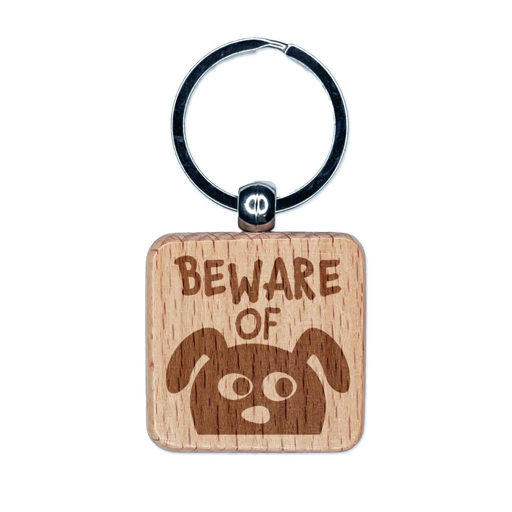 Beware of Dog Funny Doodle Engraved Wood Square Keychain Tag Charm