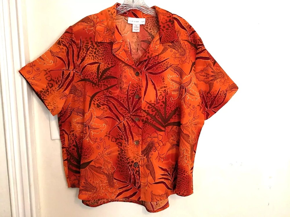 Susan Graver Womens Blouse 1X Plus Floral Orange Button Up Shirt Short Sleeve