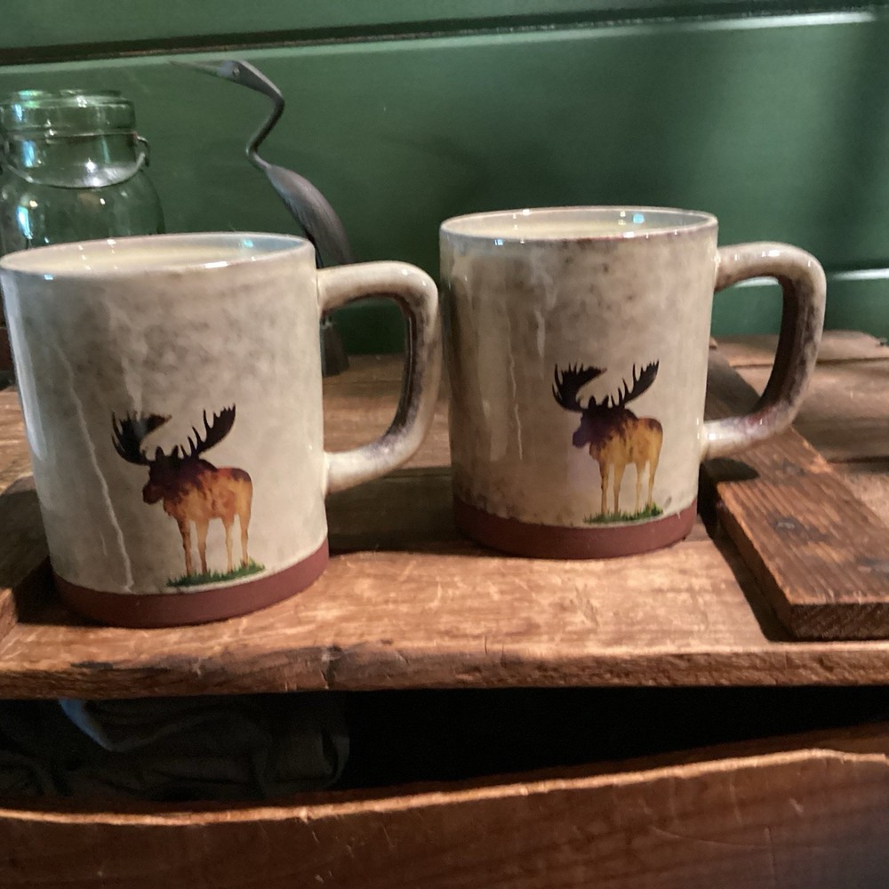 2 large coffee mug set Moose Maine Vermont Camp Lodge Rustic Cabin. Lg handles