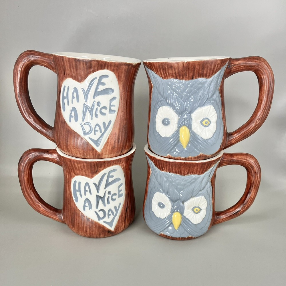 Vintage Owl Coffee Mugs Set of 4 Winking Owl Hand Painted Stoneware 1970s