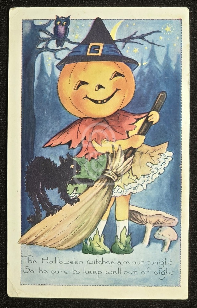 Scarce Halloween Postcard of JOL and Black Cat in Moonlight. Whitney. C 1910's