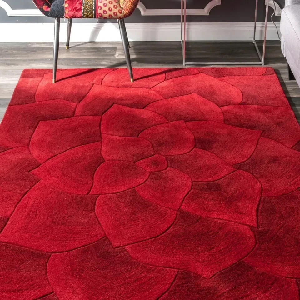 Hand Tufted Red Rose Rug 100% Wool Rugs For Living Room Bedroom Hallway Rugs