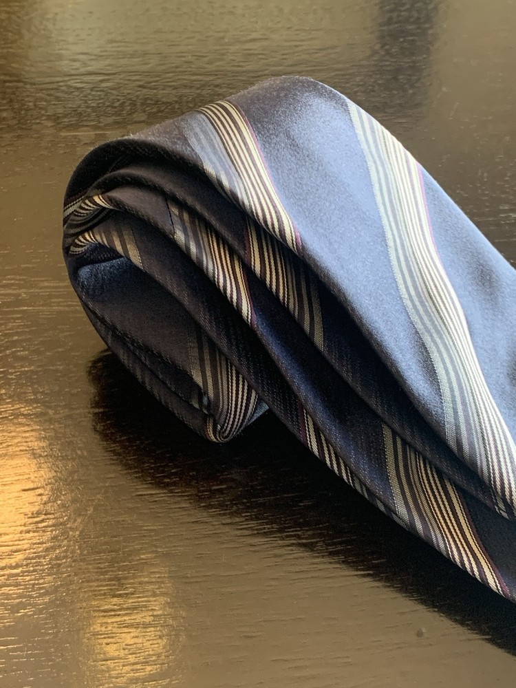 BOSS Hugo Boss Blue and Gray Striped Silk Designer Slim Tie 58” Italy