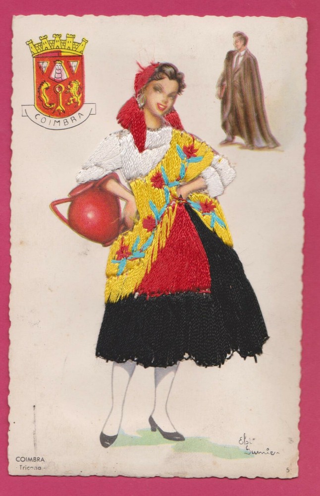 Embroidered Silk Postcard Traditional Costume Coimbra Tricana Portugal Gumier