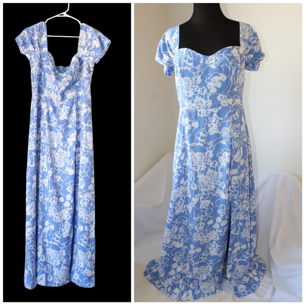 Abercrombie & Fitch Camille Off Shoulder Floral Maxi Dress Size Large Blue white