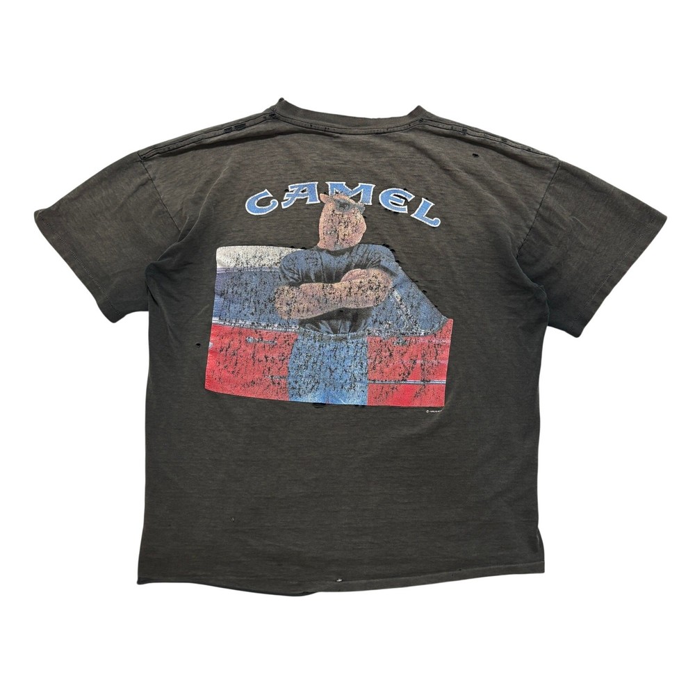 VTG 90's Camel Faded Distressed Paint Splattered Graphic Pocket T-Shirt Black L