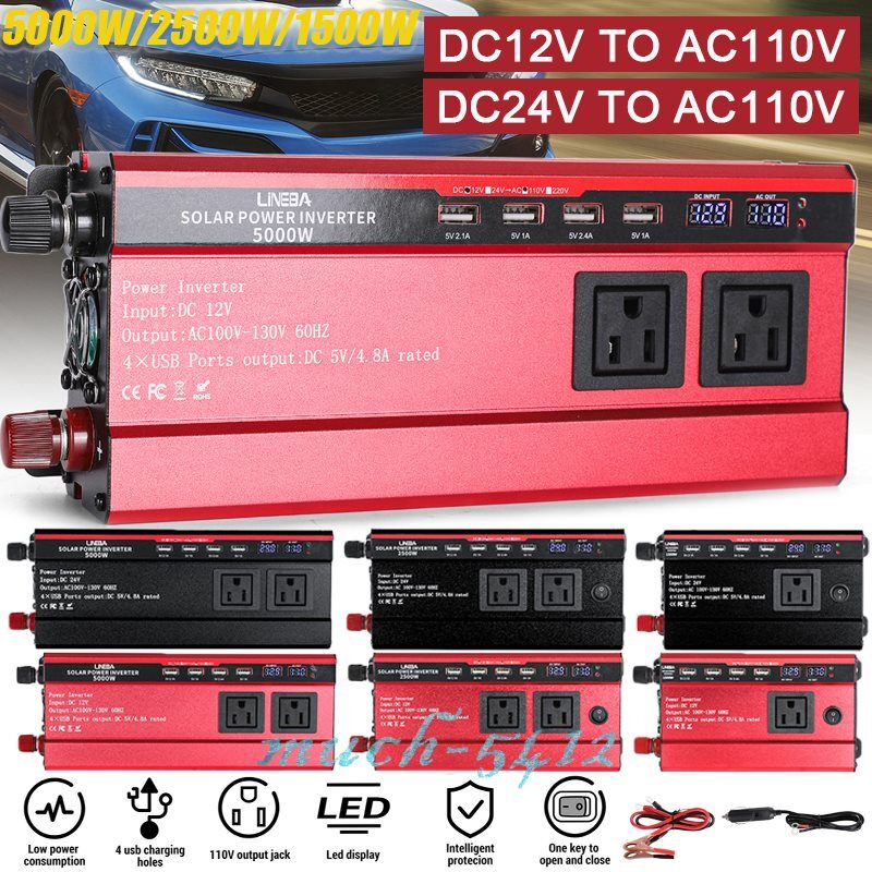 Car Power Inverter DC 12/24V To AC 110V LCD Battery Solar Panel Charge Converter