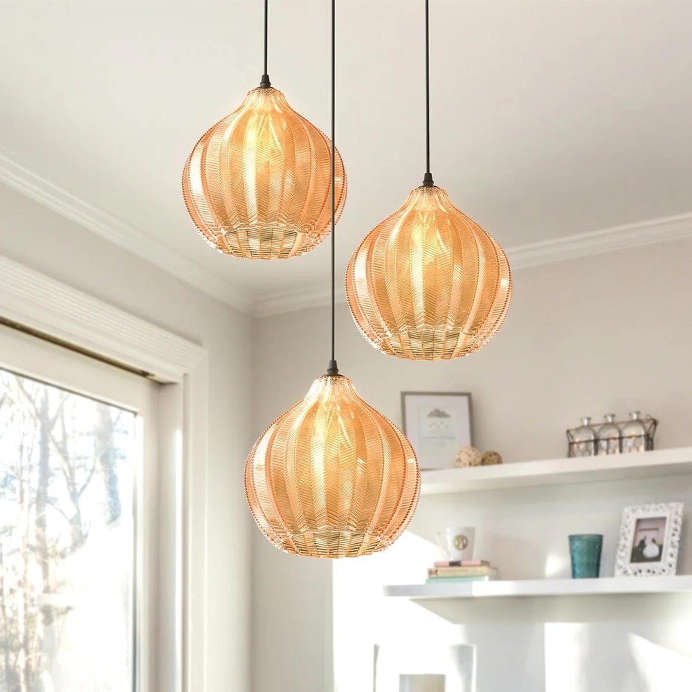 Modern 3 Lights Glass Pendant Light Amber Striped Glass Globe Cluster Chandelier
