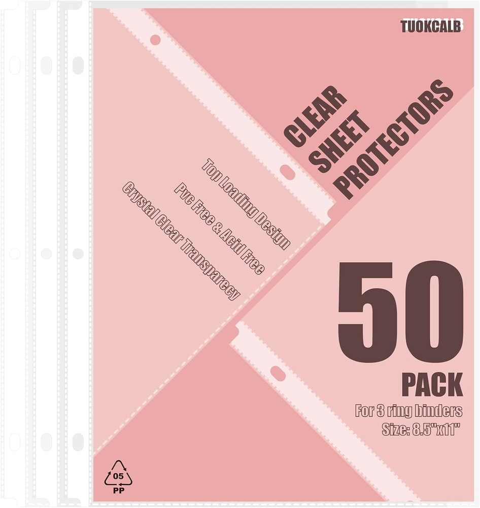 50 Pack Acid-Free Sheet Protectors for 8.5x11 Binders - Clear & Durable-image