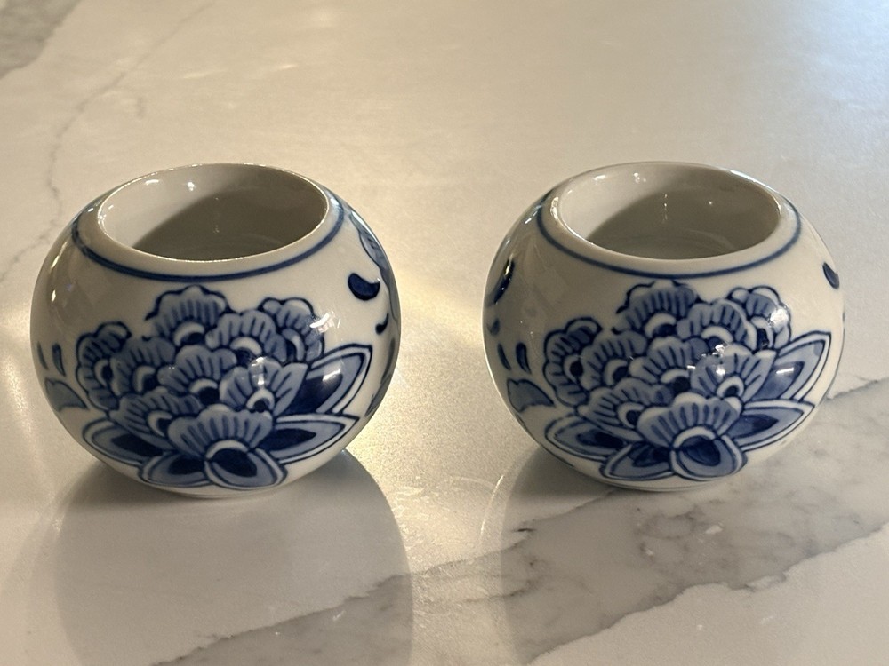 Set of 2 Blue and White Porcelain Floral Tea Light Candle Holders.