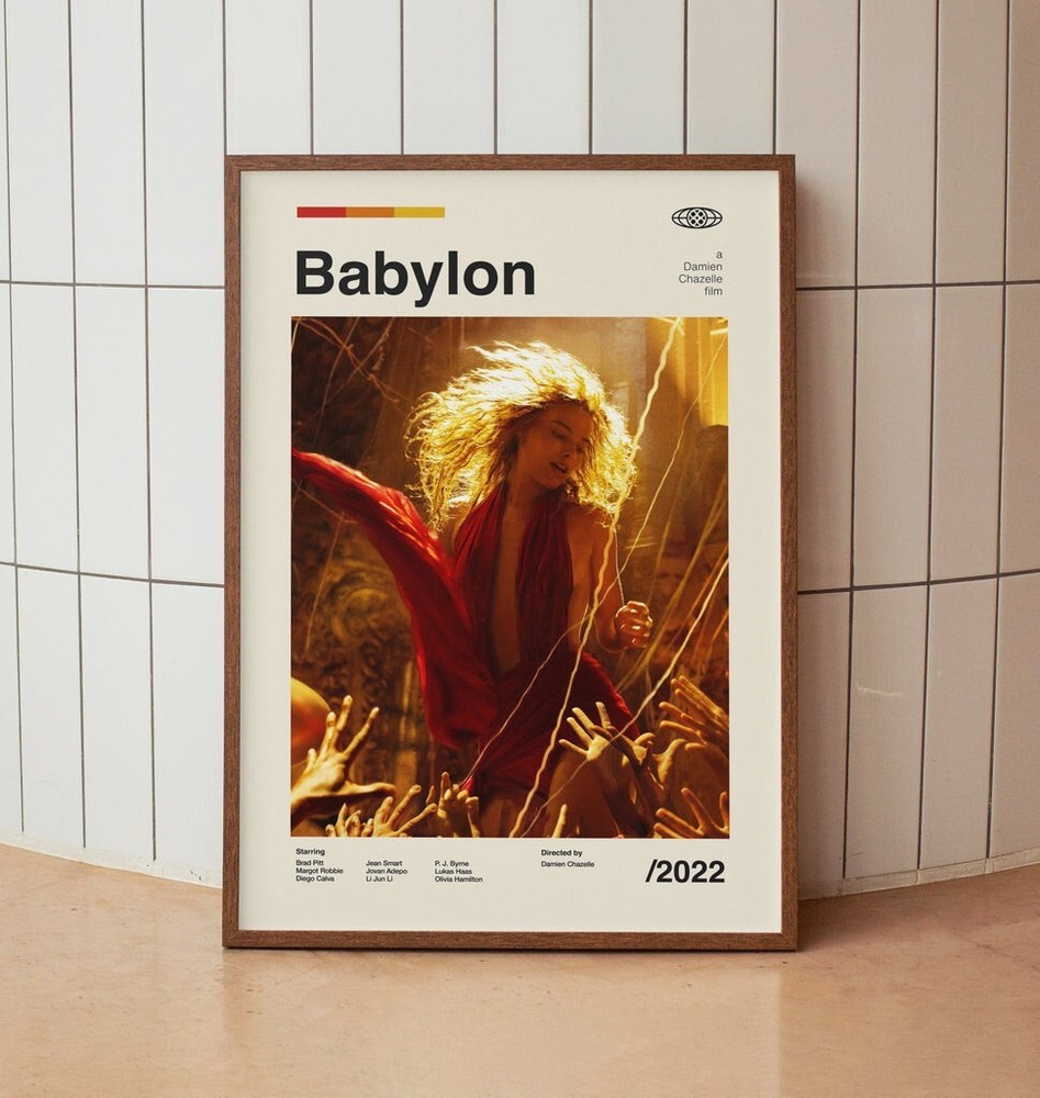 Babylon Vintage Minimalist Movie Poster featuring Margot Robbie and Brad Pitt