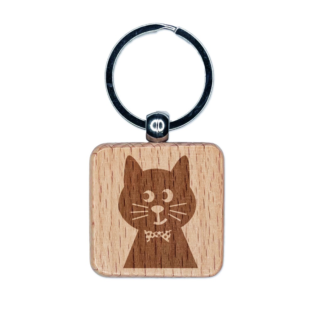 Fancy Cat with Bow Tie Engraved Wood Square Keychain Tag Charm