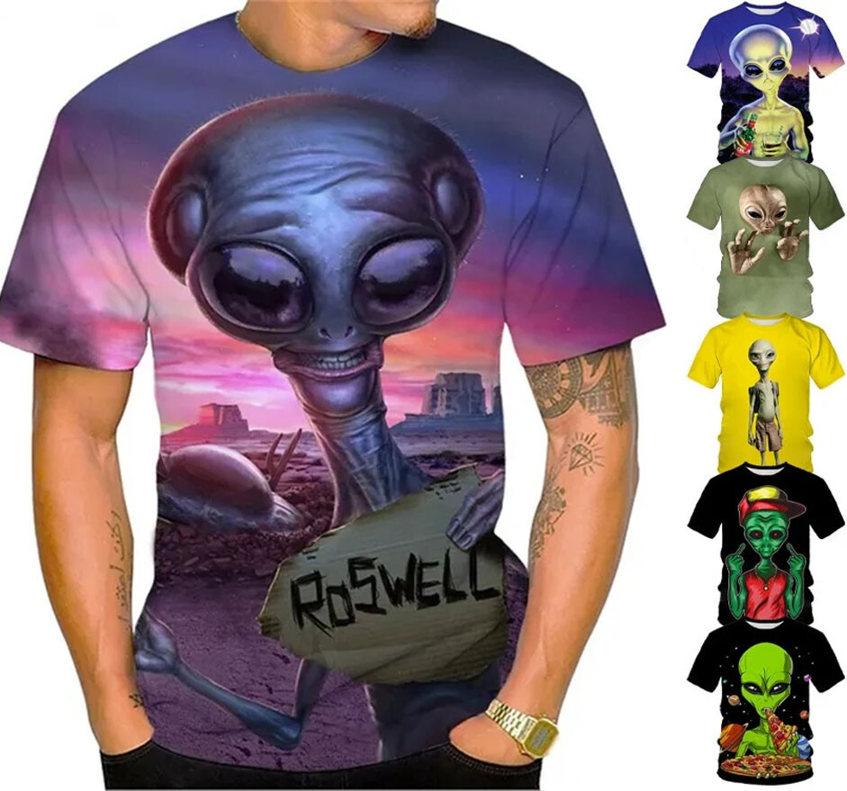 Mens Graphic T-Shirt Funny Alien Short Sleeve Tee Top O Neck Cool Fashion Casual