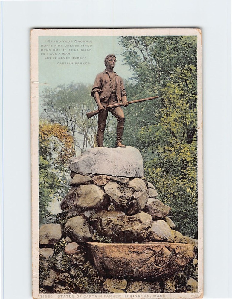 Postcard Statue Of Captain Parker Lexington Massachusetts USA